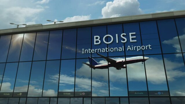 Aircraft landing at Boise, Idaho, USA 3D rendering illustration. Arrival in the city with the glass airport terminal and reflection of jet plane. Travel, business, tourism and transport.