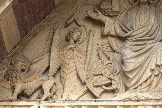 Amsterdam Posthoornkerk Church Exterior Sculpted Detail Depicting an Angel and a Lion, Netherlands