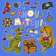 MERMAID AND DINO Travel Sea Hand Drawn Attributes Cartoon Skull Flag And Rum Bottle Golden Coins Treasure Text Stickers Clipart Objects Vector Illustration Set