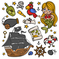 MERMAID AND PIRATE SHIP Sailboat With Black Sails And Other Sea Travel Attributes Hand Drawn Cartoon Objects Vector Illustration Set For Design And Print