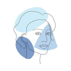 Woman face line art. Natural skin. Blue tone concept.