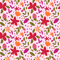 Floral seamless pattern on pink background. Pink, red, orange flowers, green leaves and dots repeat print. Botanical design for wallpaper, fabric, textile, wrapping paper and decoration.