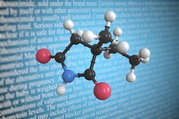 Molecular model of ethosuximide, 3D rendering