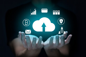 Person touching virtual screen to scan fingerprints, digital transformation management concept. Internet of Things, Big Data and Business Processes, Automation, Storage Systems, Cloud Computing