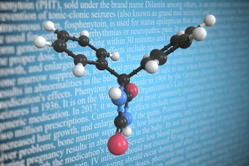 Molecular model of phenytoin, 3D rendering