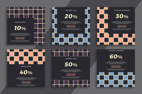 Set of dark square advertising web banners with geometric pattern. Elegant sale and discount promo backgrounds for social media mobile applications. Vector editable background EPS 10