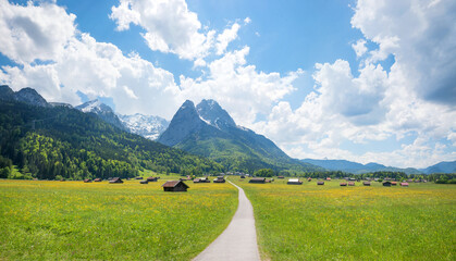 idyllic hike and bike way from Gramisch to Grainau, view to Waxenstein mountain