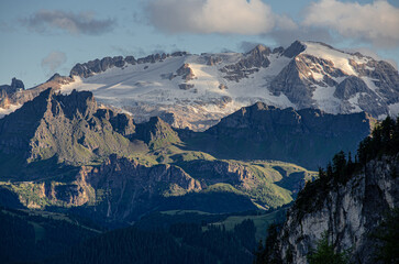 View of Marmolada mountain massif , as seen from Gardenacia refuge, Puez-Odle Nature Park, La Villa village, Dolomites, Trentino,  Alto Adige, South Tyrol, Italy 