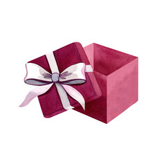 An open bright pink gift box with a white bow. Watercolor illustration on isolated white background.