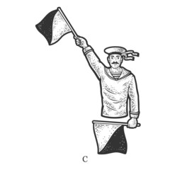 Sailor mariner show flag semaphore alphabet letter C sketch engraving vector illustration. T-shirt apparel print design. Scratch board imitation. Black and white hand drawn image.