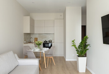 stylish apartment in beige tones, interior of a modern apartment, kitchen and dining room