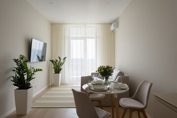 stylish apartment in beige tones, interior of a modern apartment