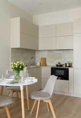 stylish apartment in beige tones, interior of a modern apartment, kitchen