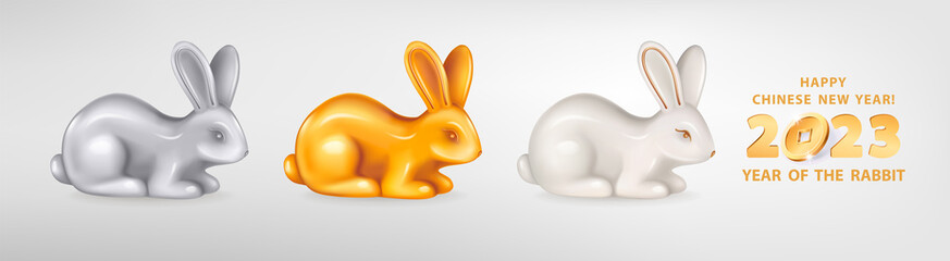 Set of three figurines of sitting Rabbits different colors. White ceramic, silver and golden metal. Rabbit is a symbol of the 2023 Chinese New Year. Vector illustration of zodiac sign of rabbit