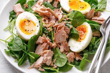 Close up Tuna vegetable salad with boiled egg and spinach on white plate. Keto diet, healthy food. Fresh salad bowl.