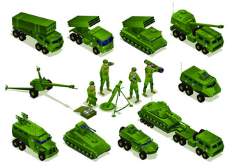 Artillery, rocket artillery, howitzer, ATGM, mortar with crew, heavy track with tank. Combat Vehicles collection set isometric icons on isolated background