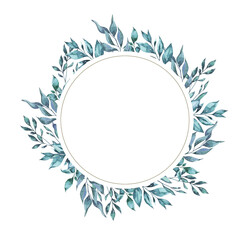 Cute blue branch and leaf round frame. Hand drawn watercolor illustration. - 502724287