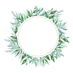 Spring or summer green and blue leaves and flowers round frame. Hand drawn watercolor illustration.