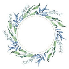 Spring or summer green and blue leaves and branches round frame. Hand drawn watercolor illustration. - 502724289