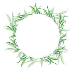 Decorative green leaves and branches round frame. Hand drawn watercolor illustration. - 502724293