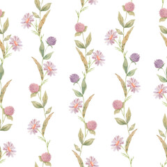 Seamless (surface) pattern (texture) with wild field flowers. Hand painted watercolor.