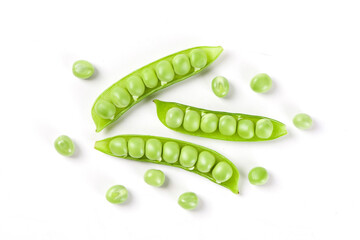 green pea and pea pod isolated on white background