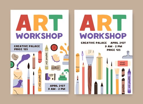 Ad flyers for art class, workshop. Promo poster designs for painting school. Advertisement banner templates for creative artists event with painters stationery on background. Flat vector illustration