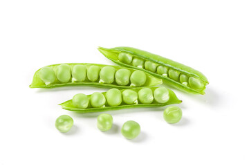 green pea and pea pod isolated on white background
