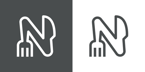 Logotipo restaurante con letra N con silueta de tenedor y cuchillo con líneas en fondo gris y fondo blanco