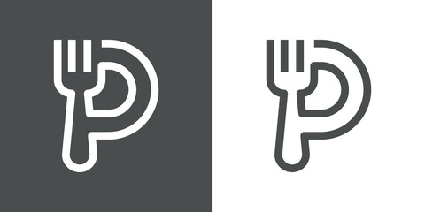 Logotipo restaurante con letra P con silueta de tenedor en plato con líneas en fondo gris y fondo blanco