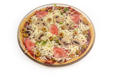 Raw pizza with chicken, mushrooms, tomatoes, olives on white background