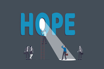 Hope or faith to success, positive thinking or business challenge, belief or optimistic for better bright future, solution concept, businessman climb up ladder in the dark to see light beam hope.