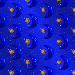 Night ornament in the form of the sun, moon and stars on a dark blue background. Children's, luxurious dark blue wallpaper. Background for covers, flyers, ads, labels, posters, banners and invitations