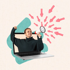 Contemporary art collage. Young girl sticking out laptop screen and shouting in megaphone. News...