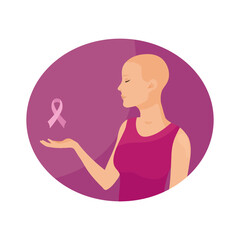 Vector portrait of a woman holding pink breast cancer awareness ribbon