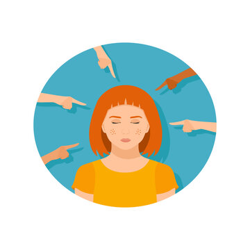 A portrait of a sad redhead girl surrounded by pointing hands. Bullying and shaming among schoolchildren and students