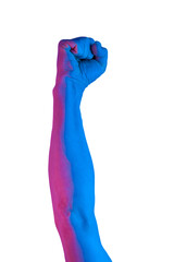 Humans fist isolated on white background for posters, banners, wallpaper. Concept with fingers clenched into fist in violet blue neon colors. Modern psychedelic creative element. Contemporary art.