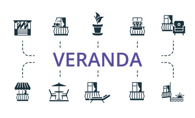 Veranda set icon. Editable icons veranda theme such as balcony furniture, chaise lounge, awning and more.