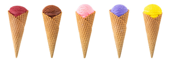 Set of different types of ice cream in a waffle cone isolated on white.