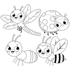 Set of cute bugs. A dragonfly, a ladybug, an ant and a bee. Vector black and white coloring page