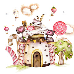 Cartoon fantasy candy houses and fairy tale sweet castles. Chocolate, gingerbread and ice cream watercolor set. Dessert homes with cream,hot air balloon, sweet set from childhood illustration