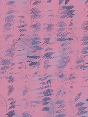 Vertical illustration, blue and purple leafs on pink background