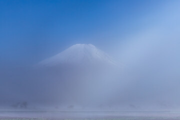 忍野の朝霧にけむる富士山と白虹