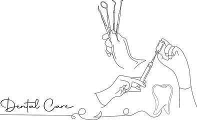 Outline sketch drawing of hand holding dental care medical equipment, Dental logo, line art illustration vector silhouette of Dental care equipment