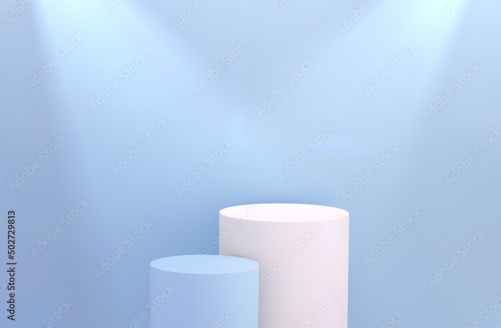 Poster highlights and podium for product display on blue background. 3d rendering.