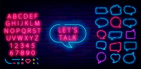 Lets talk neon signboard. Shiny pink alphabet. Speech bubble frames collection. Vector stock illustration