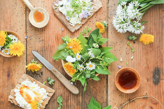 Wildkr&auml;uter Salat Gericht Sirup Brot essbare Bl&uuml;ten Kr&auml;uter Fr&uuml;hling Sommer 