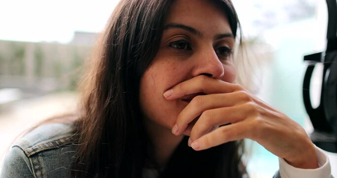 One pensive woman thinking deeply thoughtful 30s person preoccupied girl