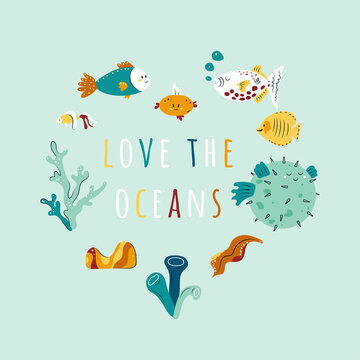 Heart composition with happy marine animals and underwater creatures living in sea. Cute design elements with ocean flora and fauna. Flat cartoon vector illustration for kids print, wrapping paper