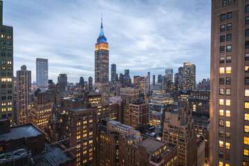 New York City skyline at evening, cloudy day, high point of view. USA
